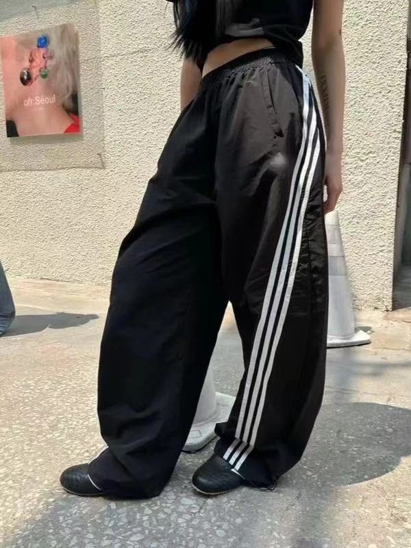 高街美式休闲侧边三条杆高腰宽松直筒阔腿裤