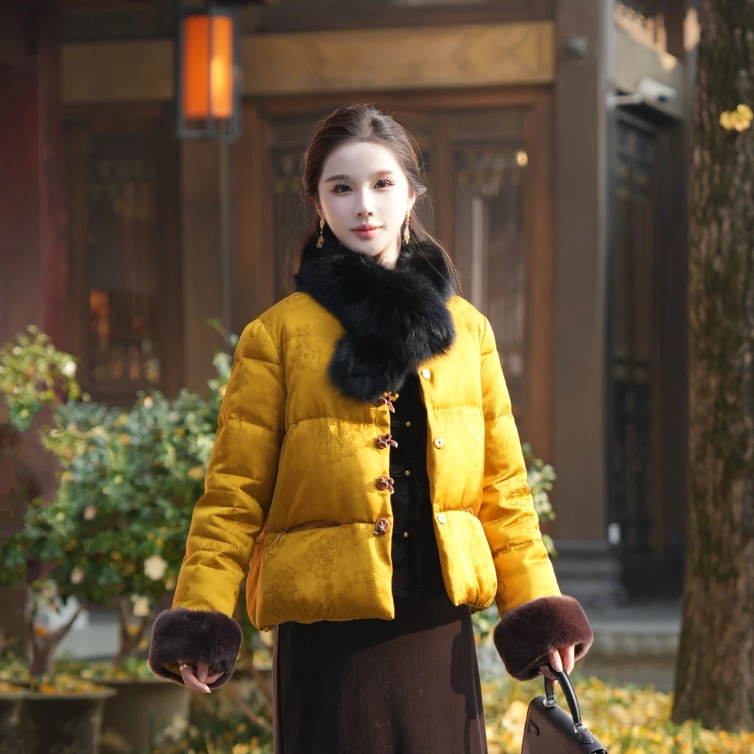 【日照琉璃】新中式国风撞色纽扣蝴蝶结保暖羽绒服外套MCFYR1513