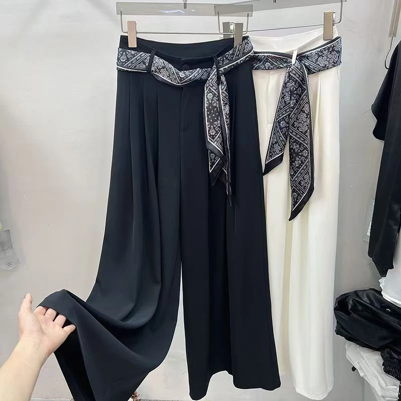 夏季冰丝速干裤高腰显瘦阔腿裤韩版气质丝巾阔腿休闲西装裤
