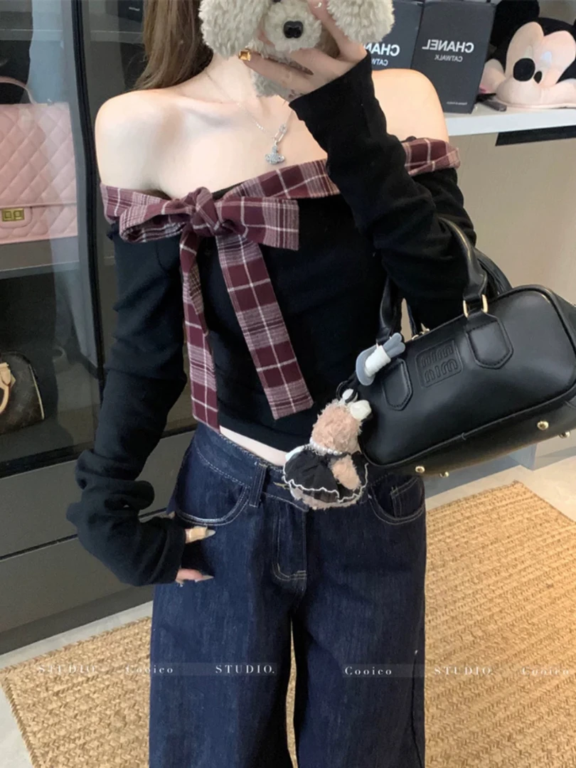 蝴蝶结系带格纹拼接露肩长袖t恤女早春修身磨毛打底衫一字肩上衣