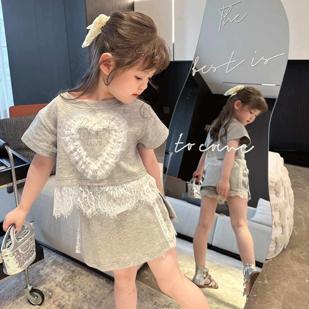 【馒头家】【现货】蕾丝花边休闲套装夏季女童舒适透气短袖短裙裤