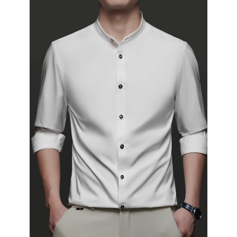 男士长袖衬衫2025新款春秋季韩版休闲立领白色衬衣通勤上班男装