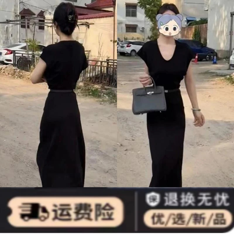 2025新款法式气质无袖黑色连衣裙子女夏季高级感v领修身包臀长裙