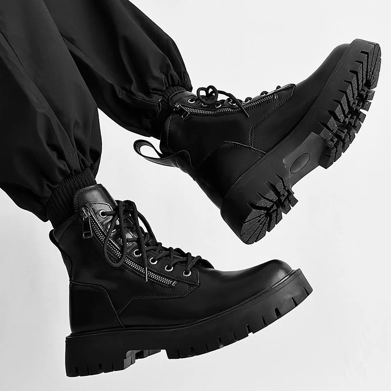 2025马丁靴男英伦风厚底增高机车炸街工装靴子拉链黑色情侣高筒皮