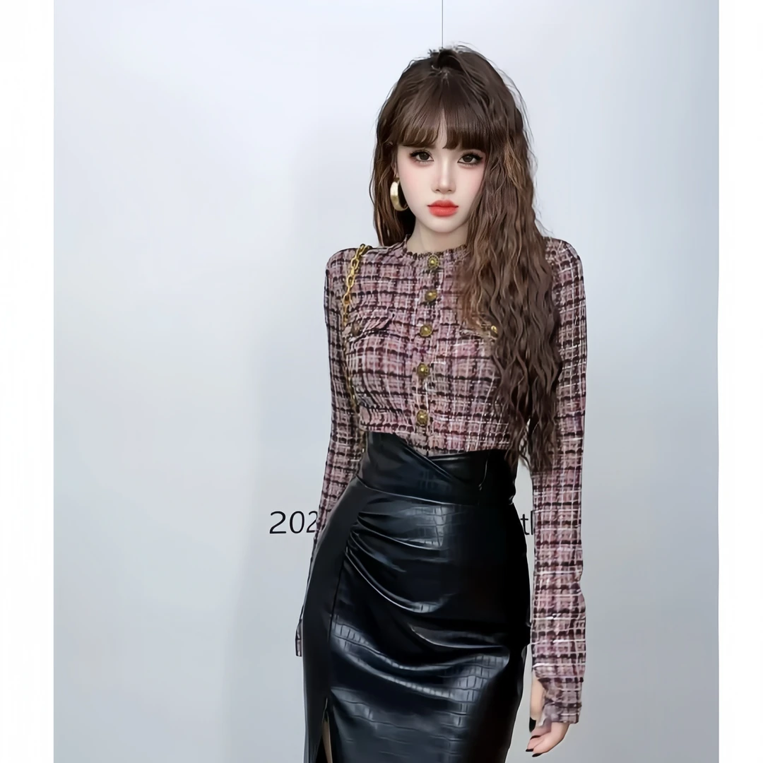 小香风格子常规款上衣修身内搭粗花呢女士气质小众炸街高级感女装