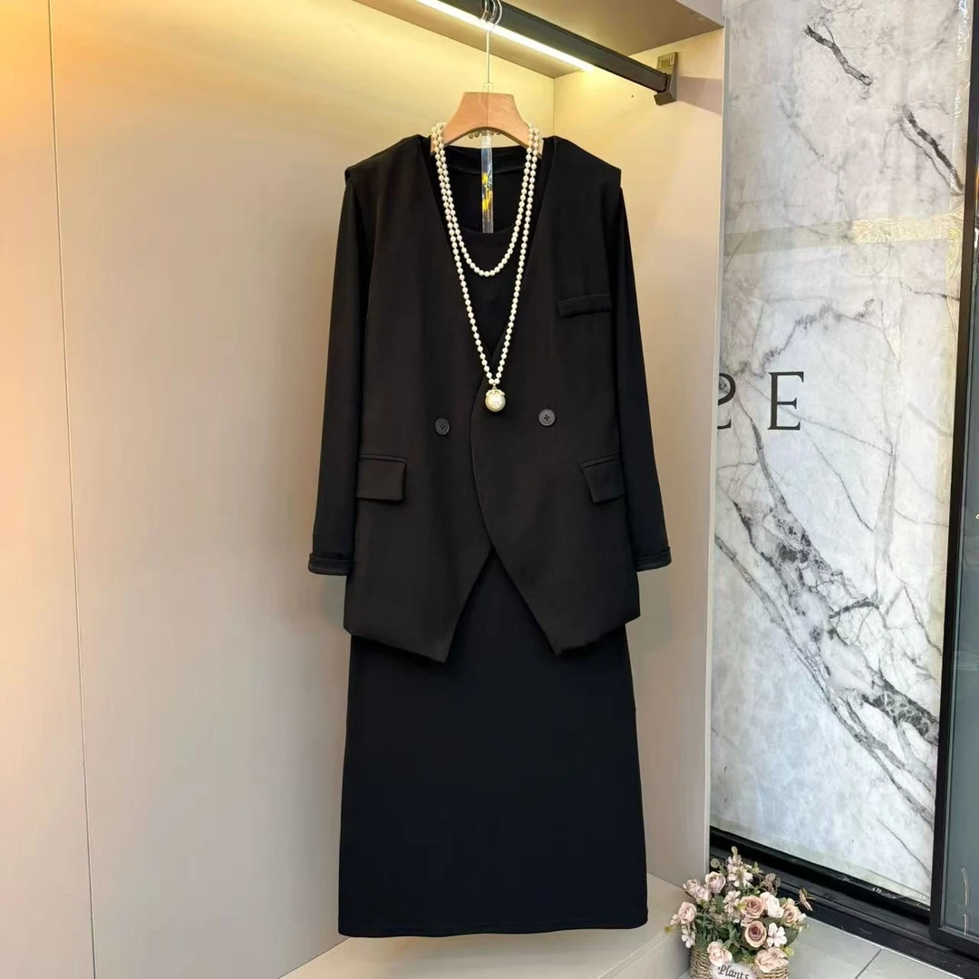 2025早秋新款v领西装马甲+连衣裙气质通勤风显瘦胖mm两件套662