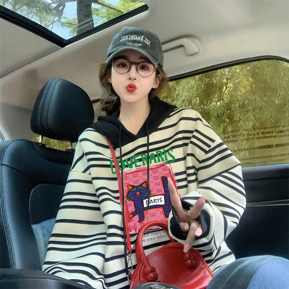 春秋款撞色条纹连帽卫衣外套女休闲时尚ins潮牌宽松显瘦上衣薄款