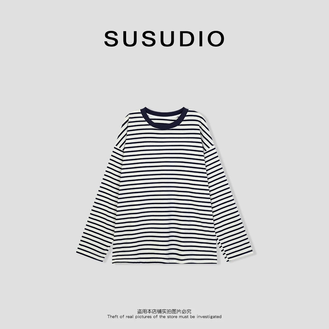 SUSUDIO③ 海军蓝 新款显瘦条纹圆领长袖T恤10016