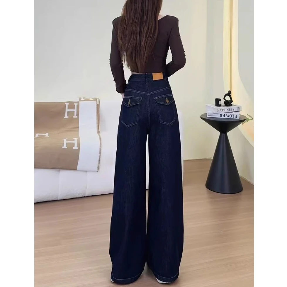 丹宁深蓝色阔腿牛仔裤女秋季2025新款高腰显瘦垂感美式宽松直筒裤