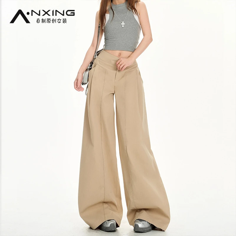 美式慵懒风休闲裤女2025新款卡其色高腰设计感宽松垂感阔腿拖地裤