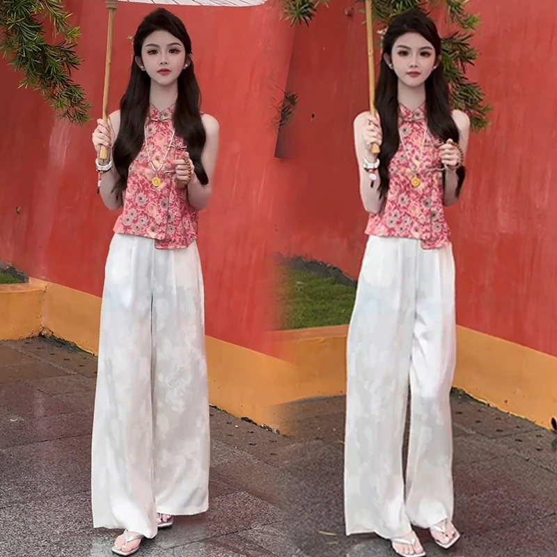 新中式国风套装女2025夏季新款复古印花修身显瘦上衣阔腿裤两件套