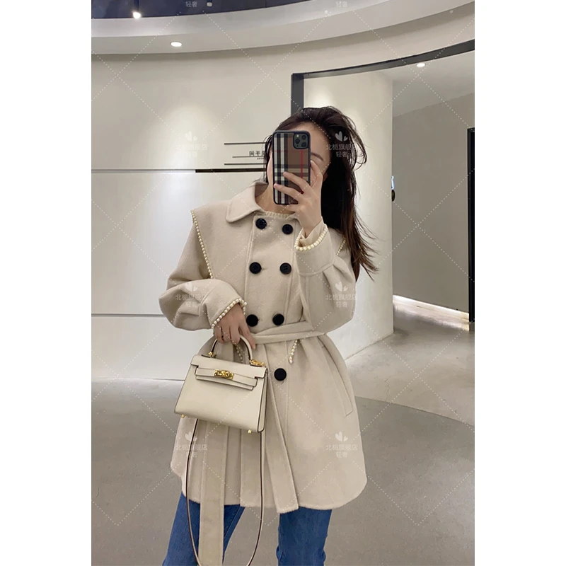 【北栀】双排扣海军领珍珠毛呢外套563105