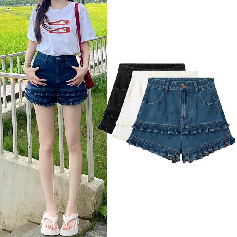 2025秋季新款韩版压轴花边小众设计感木耳边牛仔短裤女百搭热裤