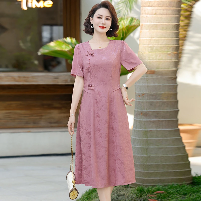 妈妈夏装短袖新中式连衣裙中老年端庄大气国风雪纺裙子改良旗袍裙