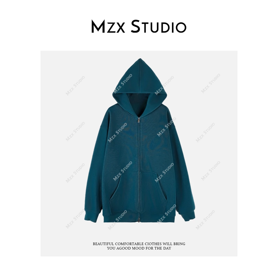 MZX极简定制孔雀蓝宽松连帽拉链加绒外套秋冬WT10716-C