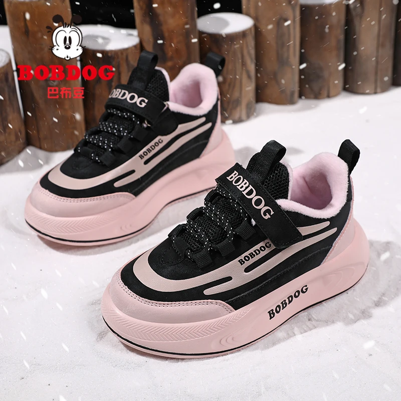 巴布豆女童运动鞋秋冬季防水皮面二棉鞋潮流加绒保暖中大童跑步鞋