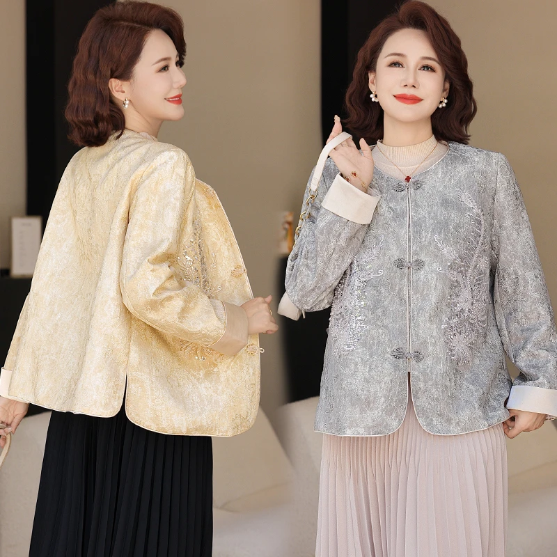 新中式妈妈春秋洋气外套贵夫人重工刺绣上衣中老年女春秋唐装开衫