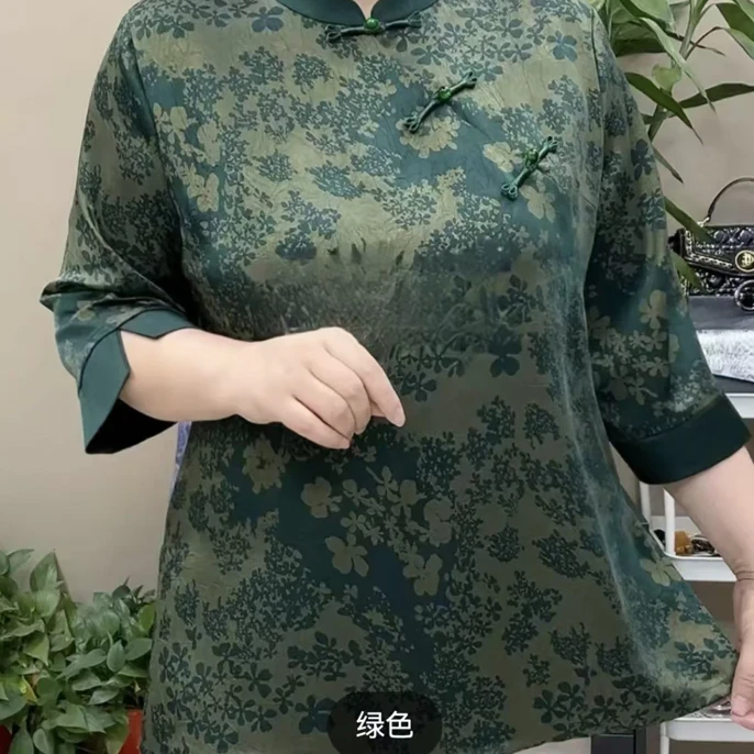 夏季新款旗袍领中长款八分袖妈妈小衫