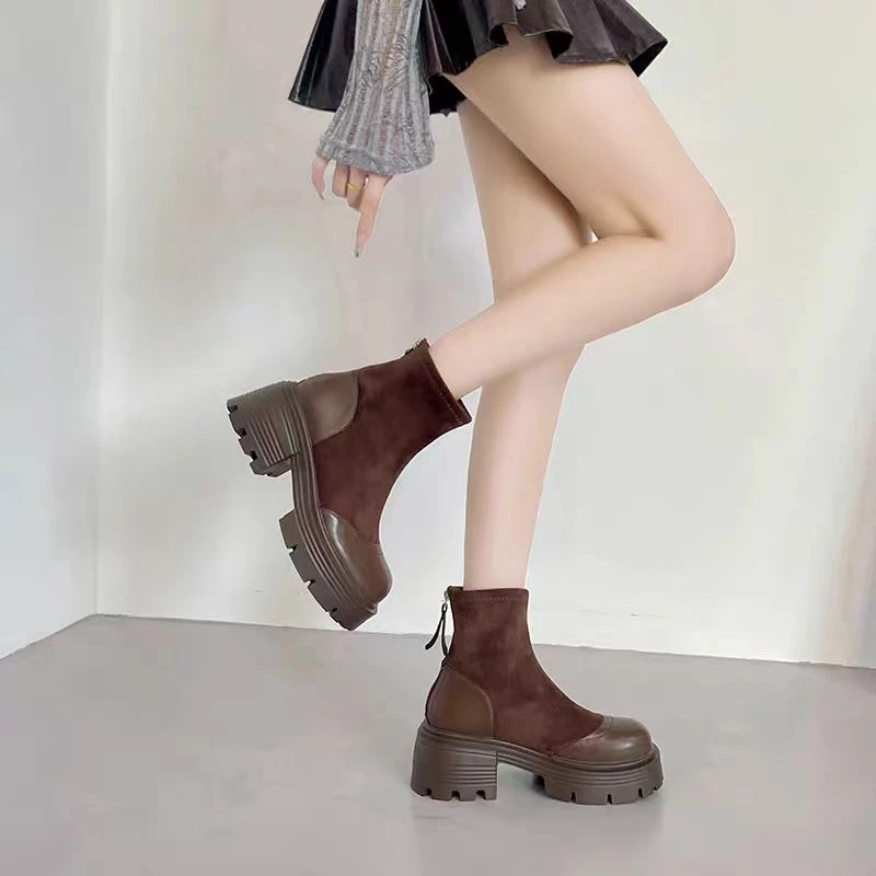 2025秋冬新款复古马丁靴粗跟短靴百我心厚底增高袜靴女小个子