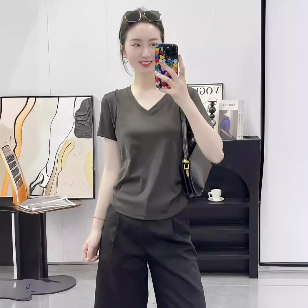 2024夏款V领纯色设计时尚休闲短袖显瘦上衣款女T恤3775