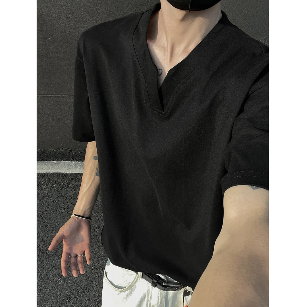 黑色重磅索罗娜t恤男款夏季cleanfit亨利V领短袖美式男t恤短袖