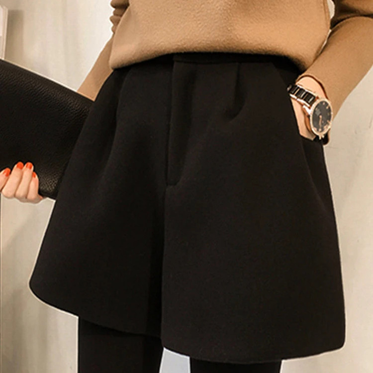 秋冬新款大码毛呢短裤女高腰a字阔腿裤胖mm宽松显瘦外穿打底靴裤