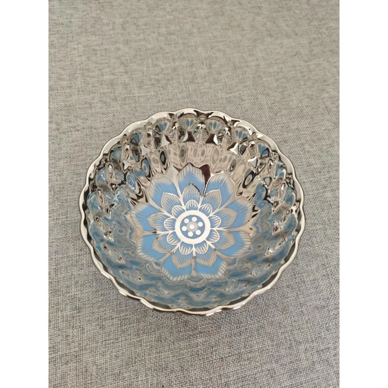 14 窑变银光水波纹手绘蓝莲花陶瓷杯