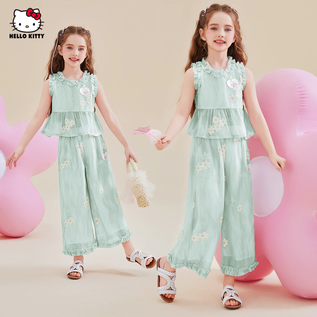 女童夏季套装2025新款假日风无袖花边点缀中大童美乐蒂两件套