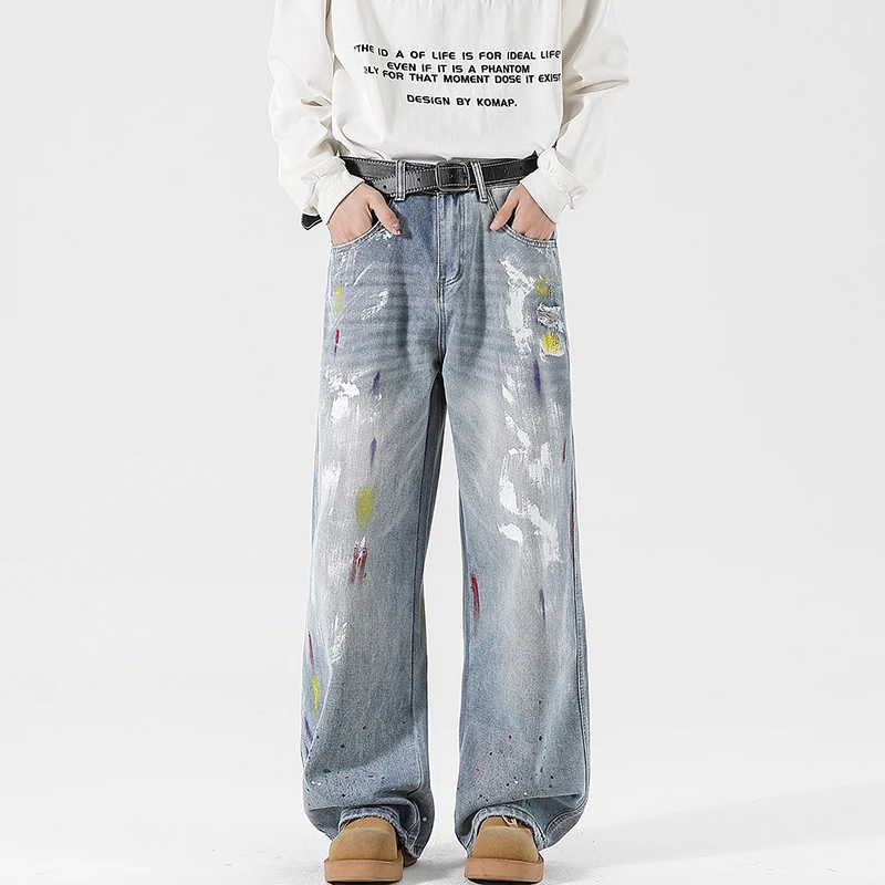 春夏季新款宽松AC潮款灼烧牛仔裤男水炒盐水洗街头潮牌长裤潮流