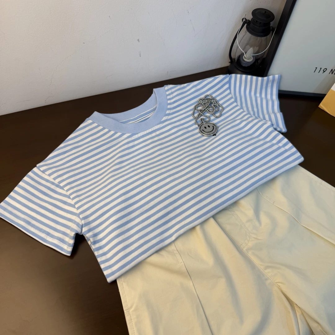 【简约条纹战马T】WD269儿童夏季男女童韩版T恤水刺绣短袖上衣休闲