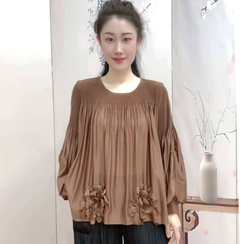 三宅褶皱T恤圆领宽松型灯笼袖百搭衬衫纯色打底衫防晒上衣