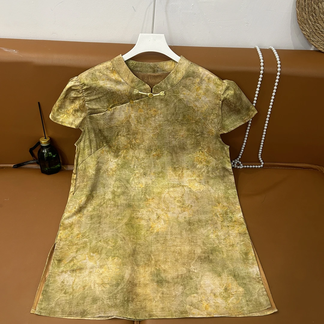 【映山红】新中式夏季印花双面时尚衬衣衬衫常规款通勤立领短袖