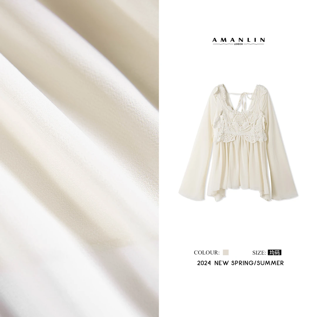 【AMANLIN】微透长袖性感拼接上衣春季新款欧若风百搭蕾丝衫F592682