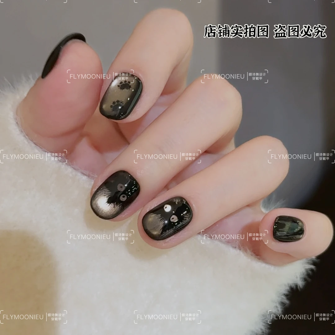 炸毛黑喵 蝶诗舞 纯手工定制美甲贴片 可爱超萌手绘穿戴甲10片