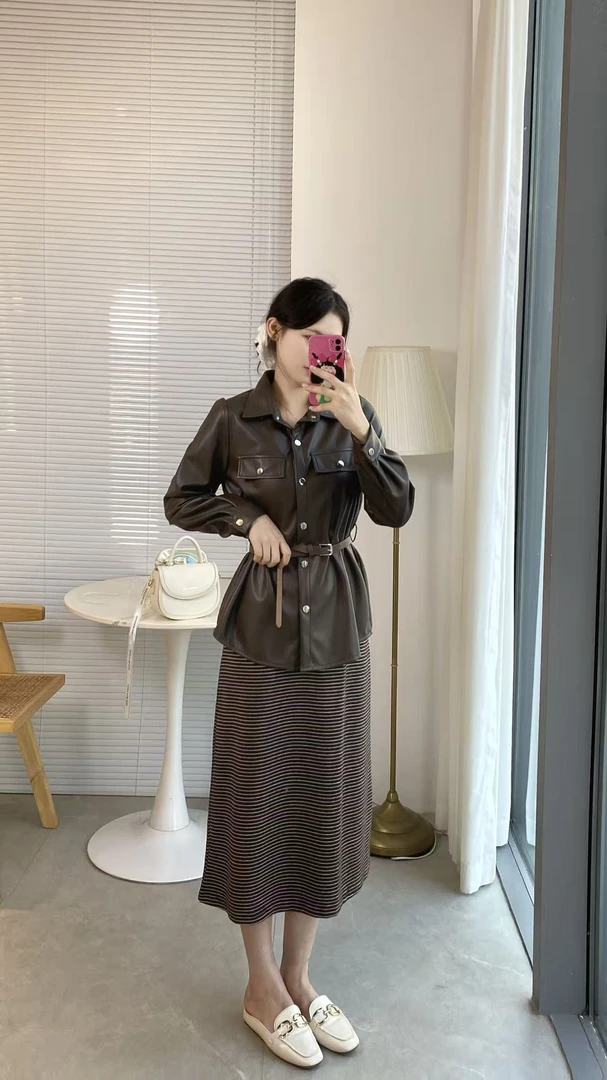 【慕妍专属】5396【衣长60裙长110】超软蛋白皮皮衣背心裙腰带三件套
