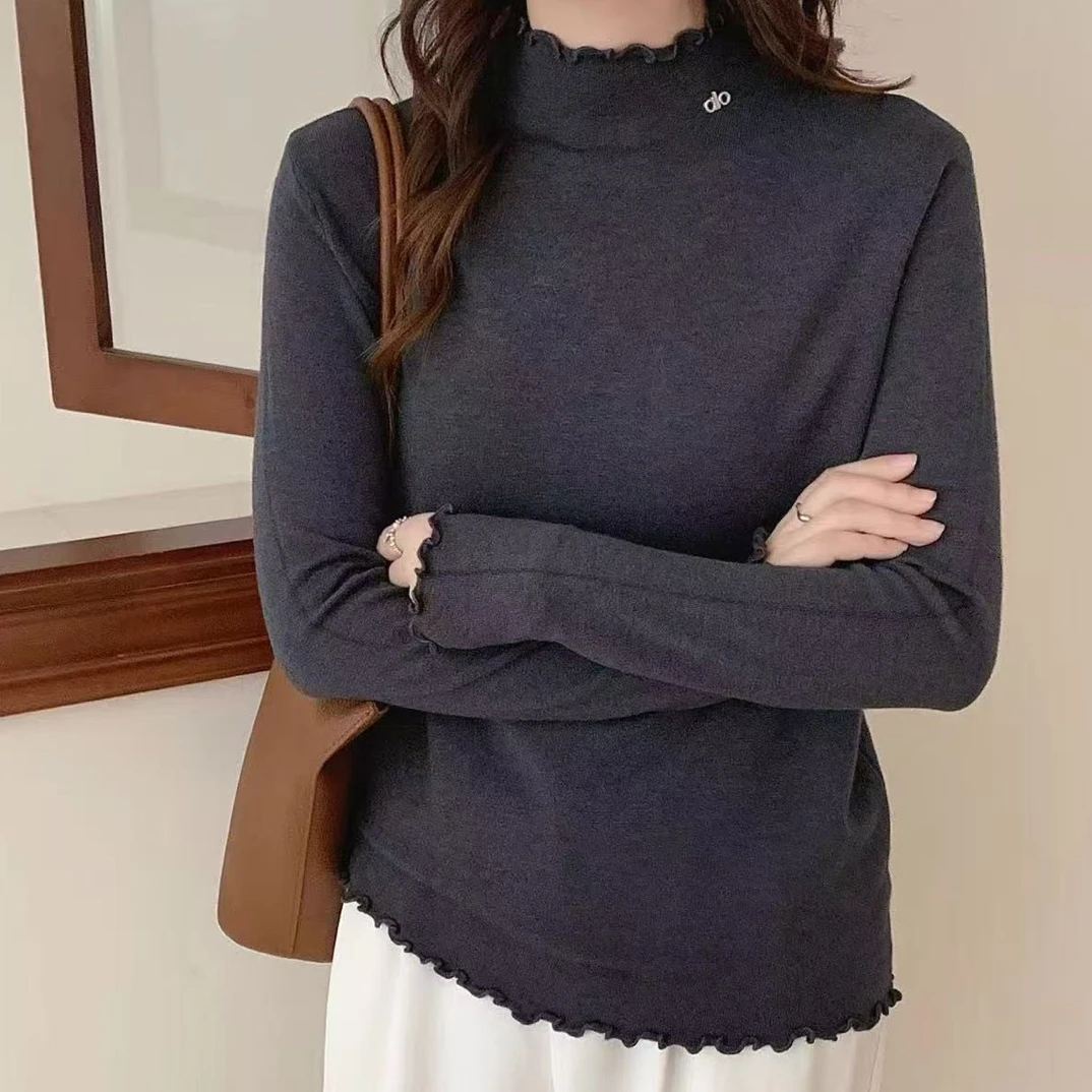 2025秋冬百搭木耳边中高领纯色半高领常规版型打底针织小衫上衣