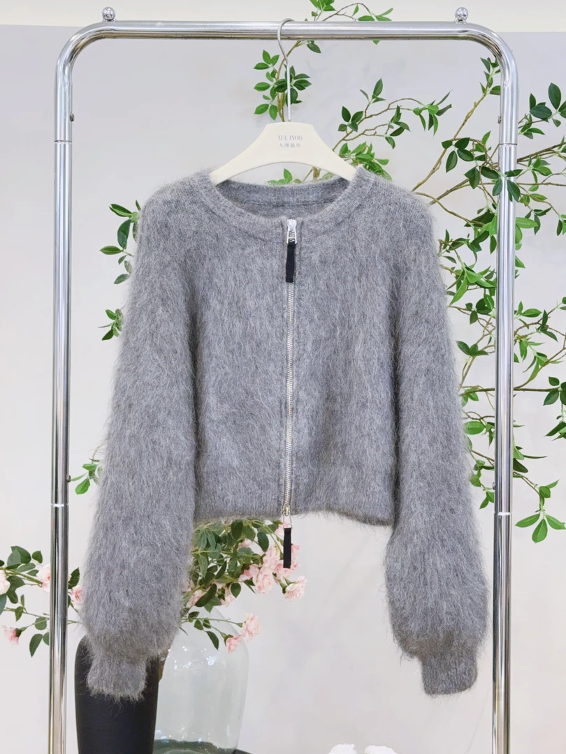 琳心丨早秋新款灰色圆领毛绒拉链毛针织休闲外套 0705