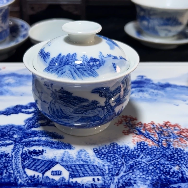 好***习景德镇青花玲珑瓷手绘山水福袋两才盖碗