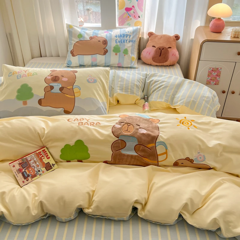 卡通春田小熊贴布绣床上四件套纯棉100%全棉被套床单床笠四季通用