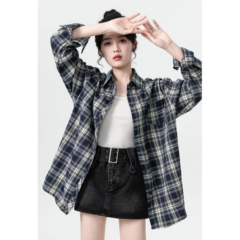 POLO领格子长袖衬衫女2025春秋新款复古港风休闲薄款衬衣外套上衣