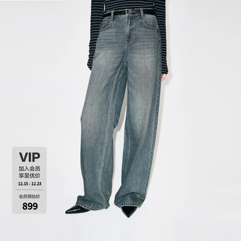 【MOCO神裤】牛仔裤2025冬新品棉质洗水烫钻阔腿裤中腰MBE4JENT08
