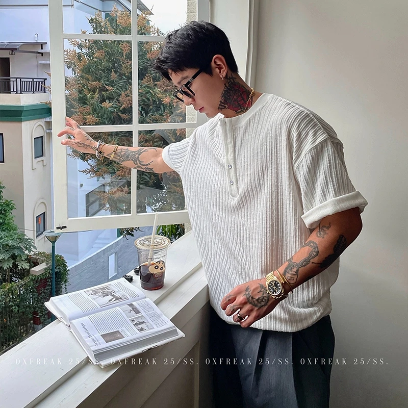OXFREAK 「肌理褶皱 软糯感」老钱风亨利领短袖t恤男宽松V领上衣