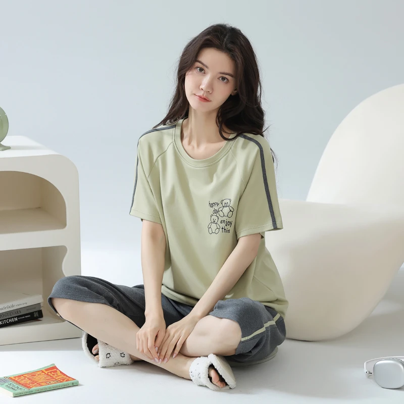 睡衣女款爆款2025新款夏季家居服套装简约簿款短袖七分裤可外穿