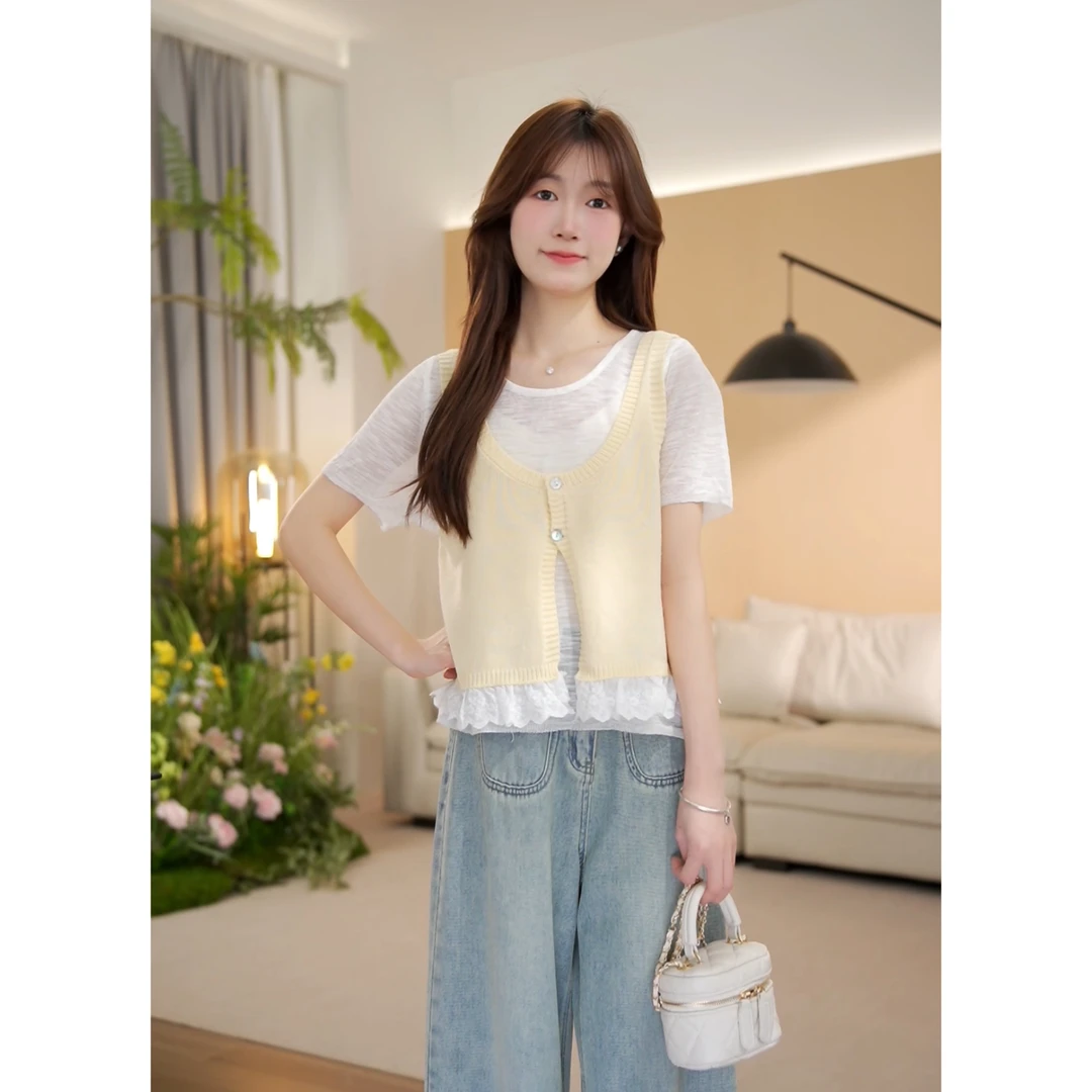 （周周小个子）夏季百搭温柔休闲针织拼接马夹+上衣套装-YJ0407