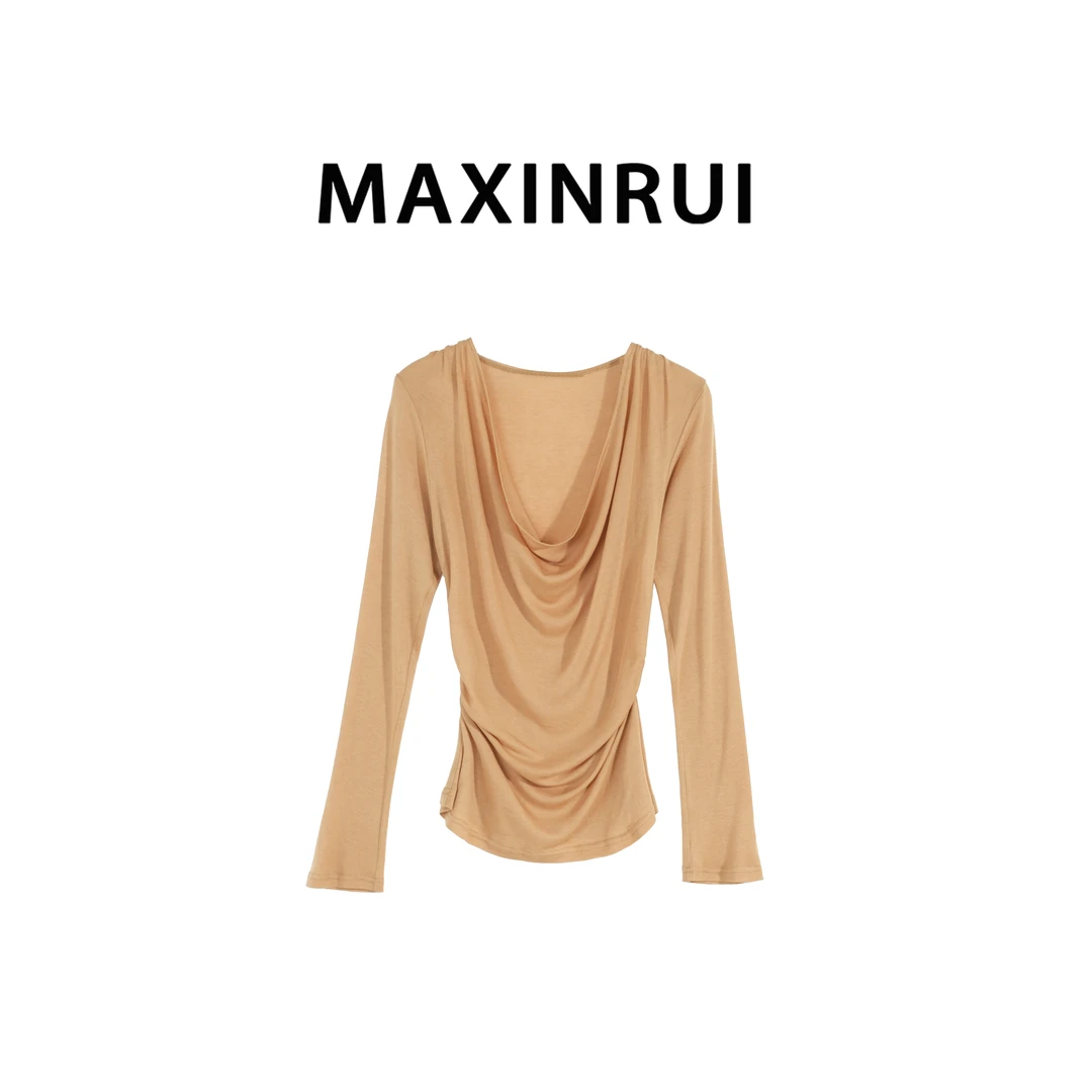 MAXINRUI 天丝澳洲羊毛混纺针织衫荡领长袖上衣R8103