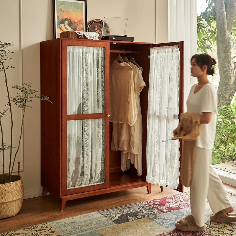 法式实木衣柜复古柜卧室家用挂衣大容量柜衣橱双开门纱帘玻璃柜子