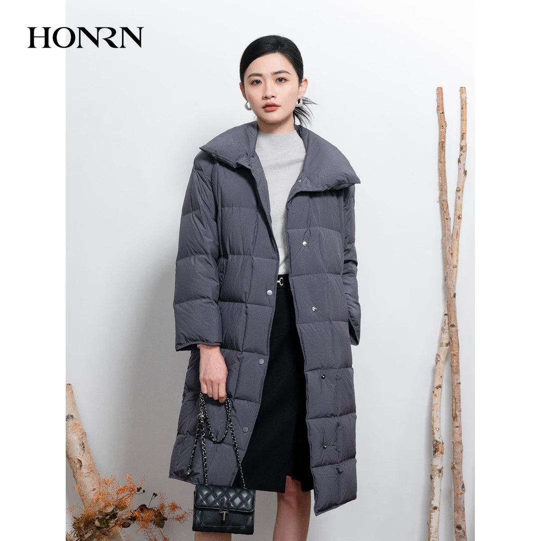 HONRN/红人宽松保暖白鹅绒羽绒服外套女款中长款冬季HI55YR453