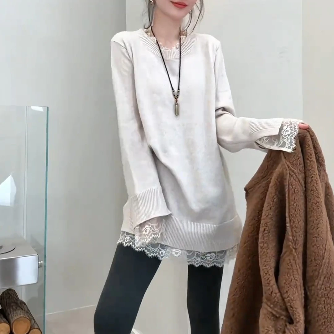 时尚洋气蕾丝拼接宽松毛衣2025秋冬季新款设计感显瘦洋气减龄小衫