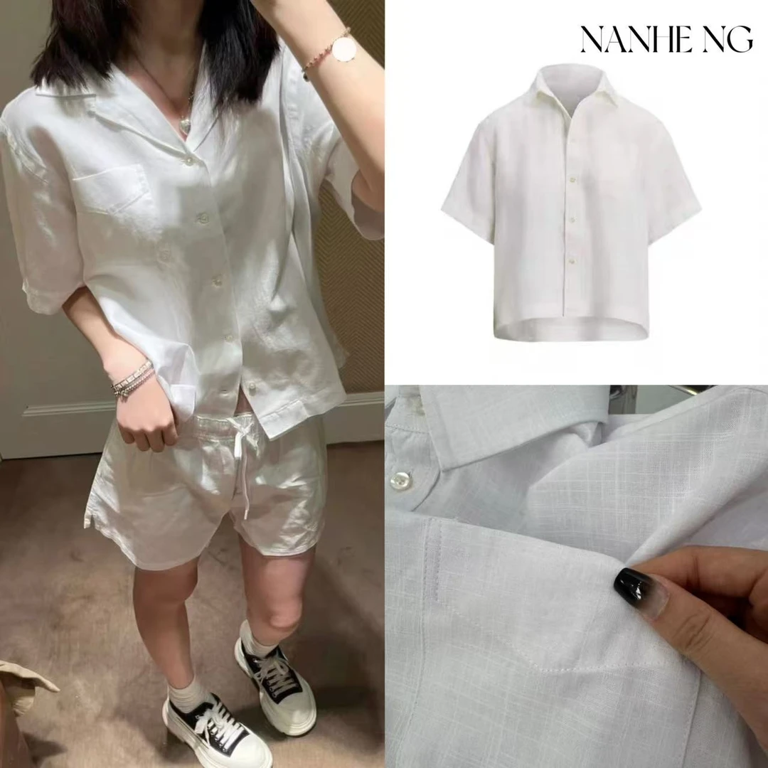 5527夏季25款老钱风随性松弛干净清爽高级亚麻短袖衬衫白色纯色