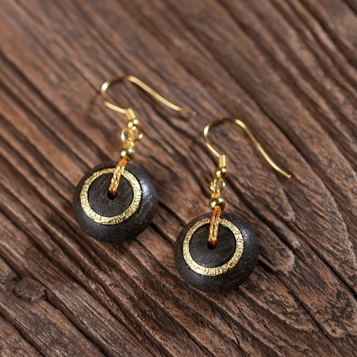 在忆 925银木质耳饰 国风沉木花纹耳环